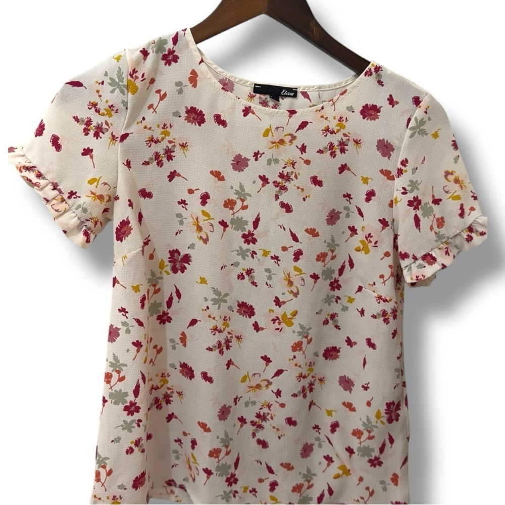 Etam | EUC Floral Ruffle Sleeve Tee Cream with Pink & Yellow Blossoms (size S)